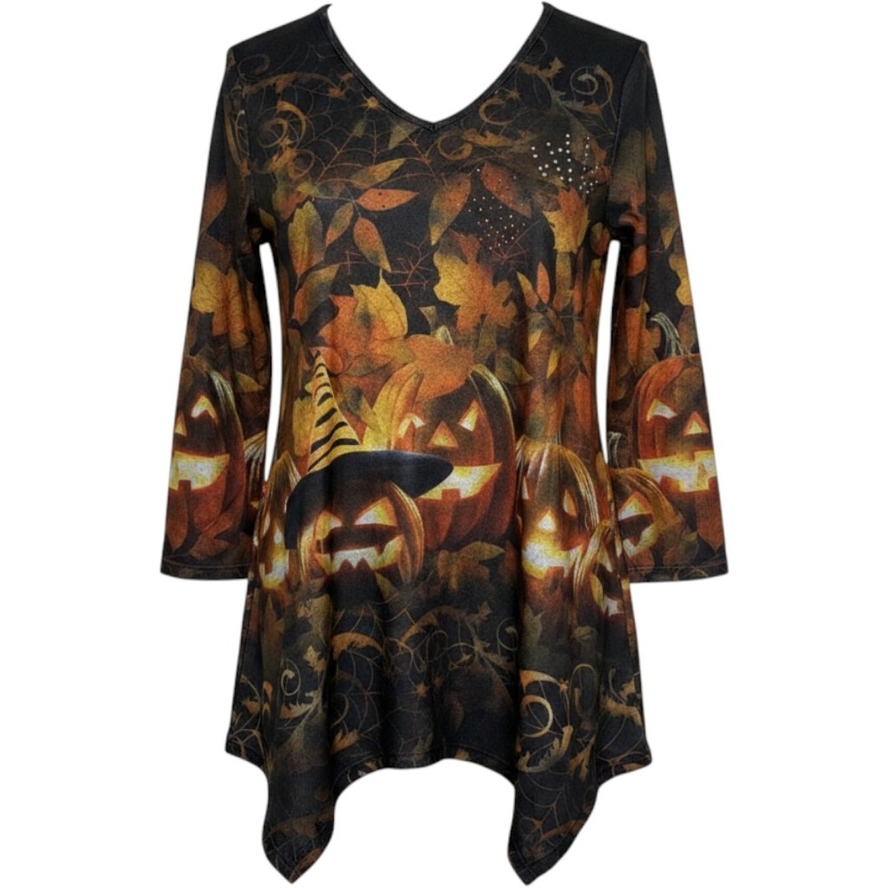 One World‎ Halloween Pumpkin Tunic Top Orange Black Sharkbite Hem Rhinestone S